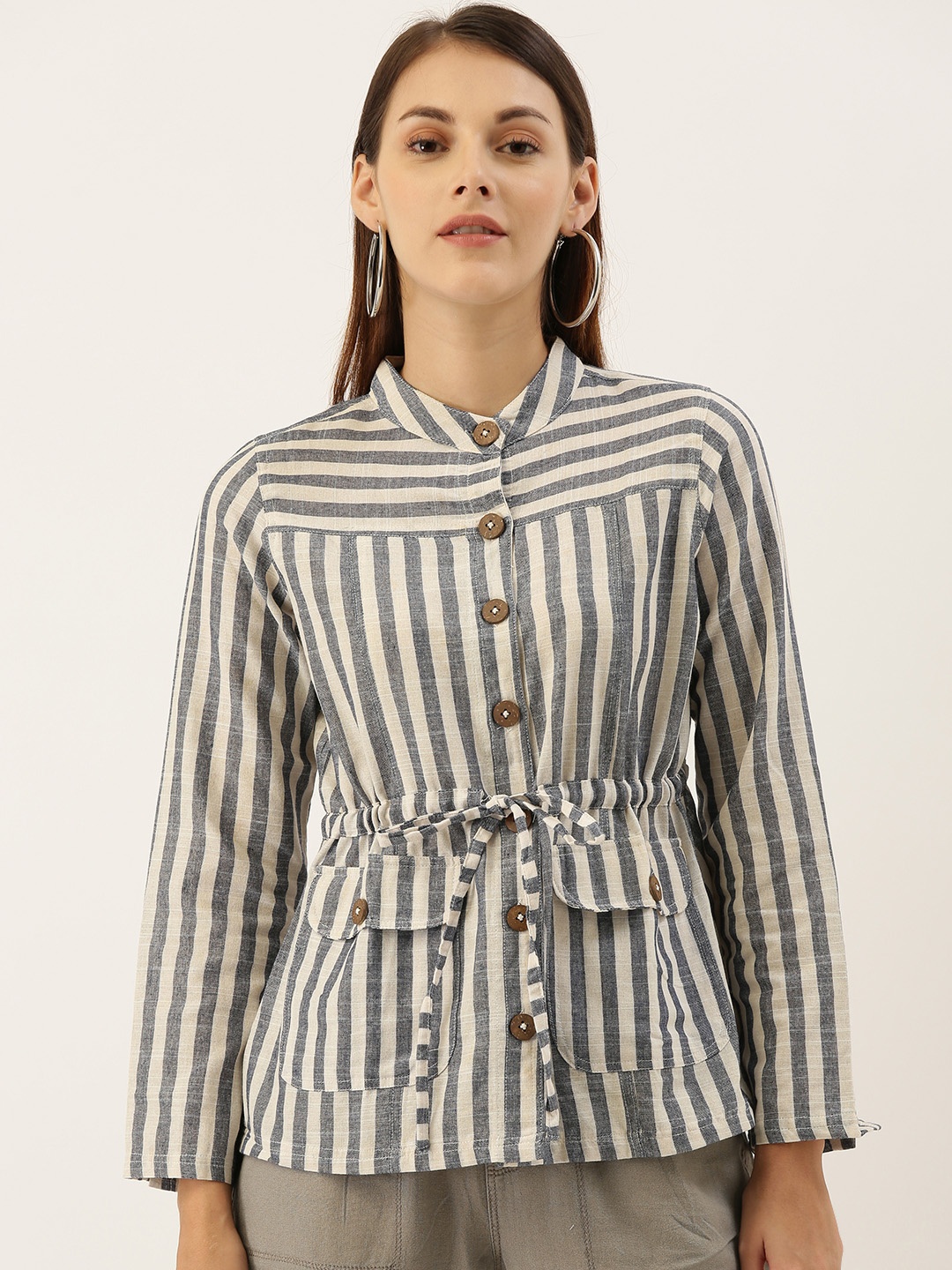 

AND Women Grey & White Striped Shirt Style Top With Waist Tie-Ups
