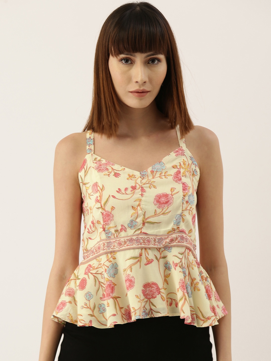 

AND Women Cream-Coloured Floral Printed Peplum Top