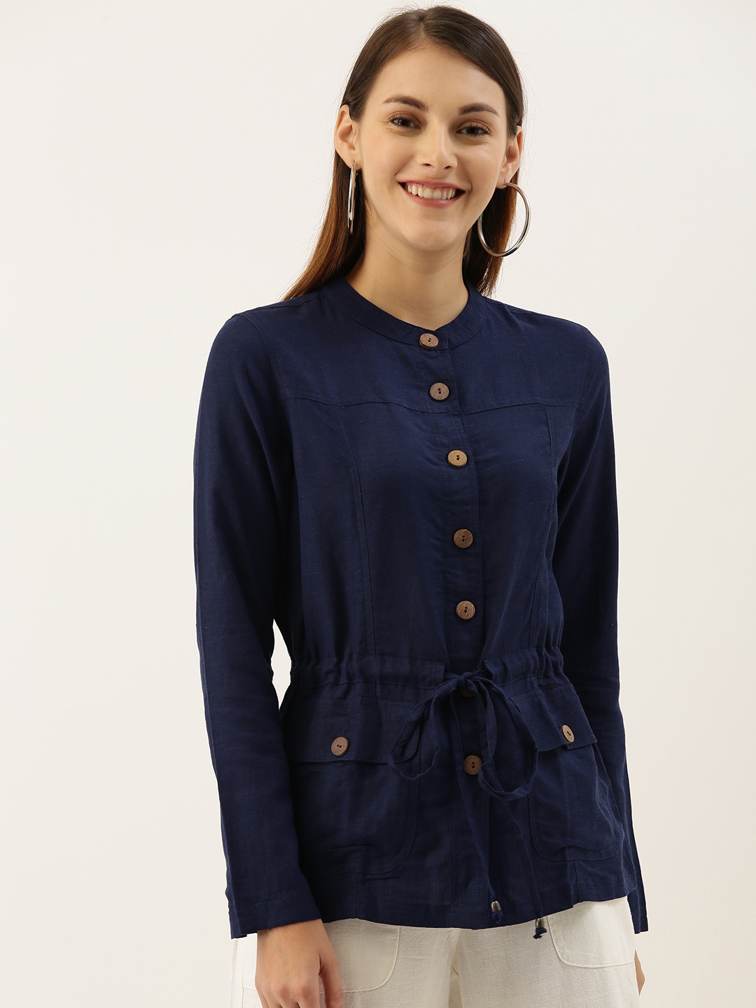 

AND Women Navy Blue Solid Top With Waist Tie-Ups