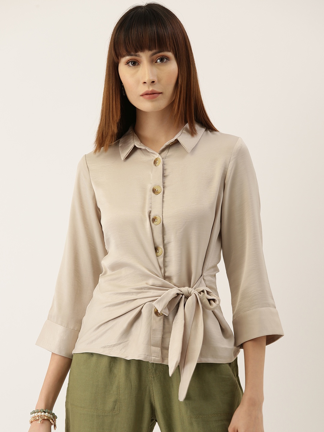 

AND Women Beige Regular Fit Solid Tie-Up Smart Casual Shirt