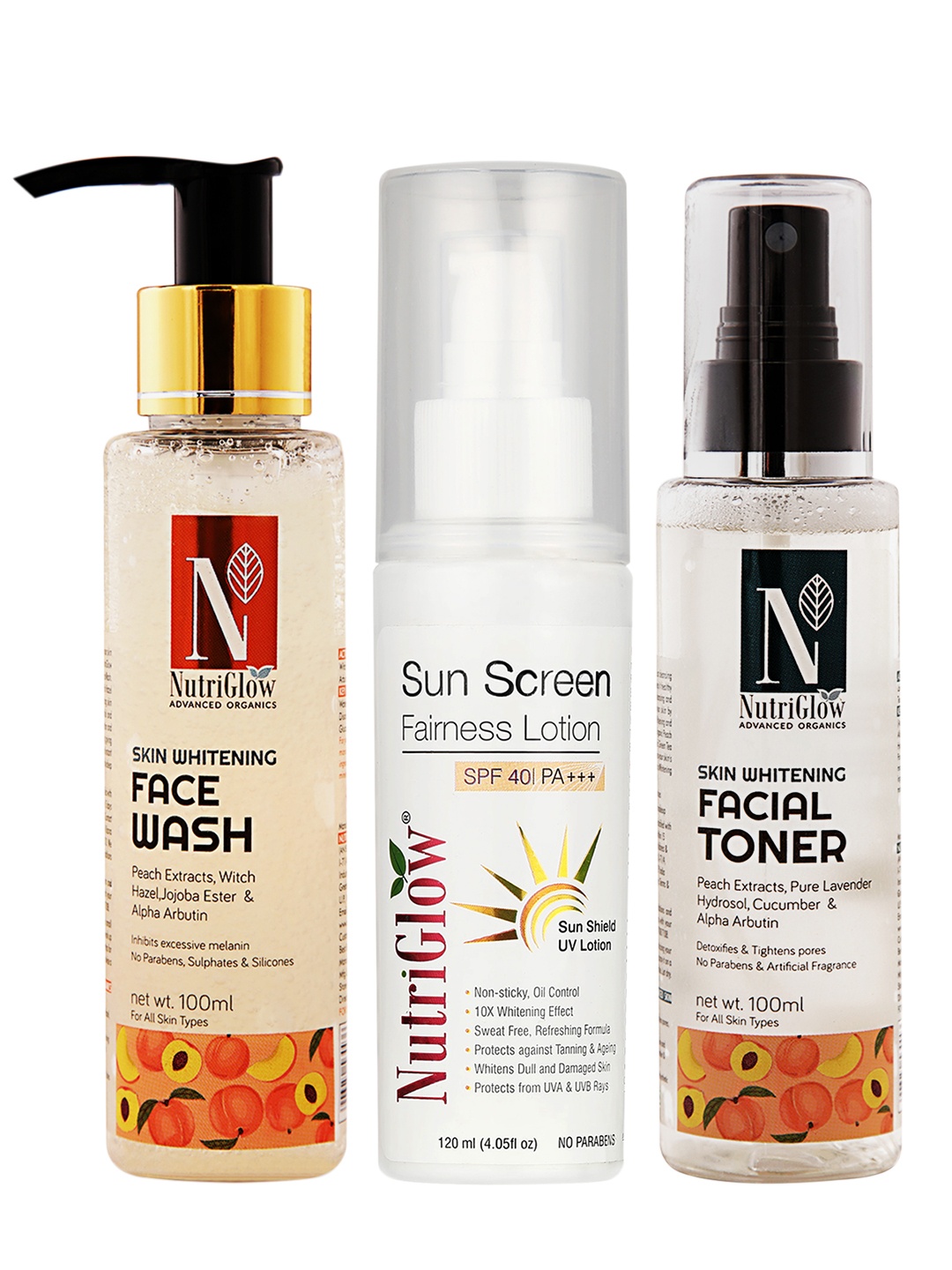 

Nutriglow Advanced Organics Sustainable Skin Whitening Face Wash 100ml, Toner 100ml, Sunscreen 120ml, Multi