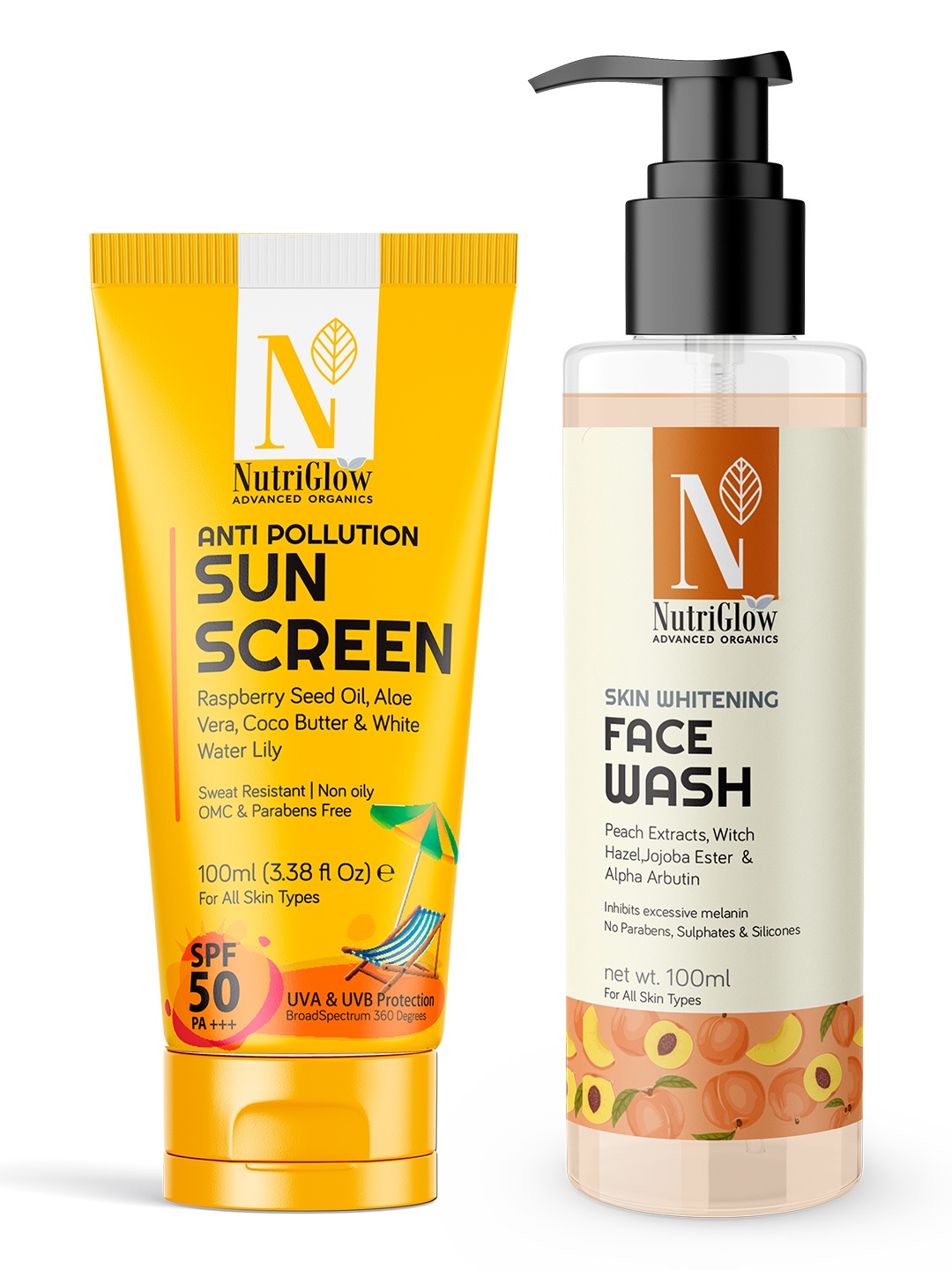 

NutriGlow Advanced Organic Anti Pollution Sunscreen 100ml & Skin Whitening Face Wash 100ml, Multi