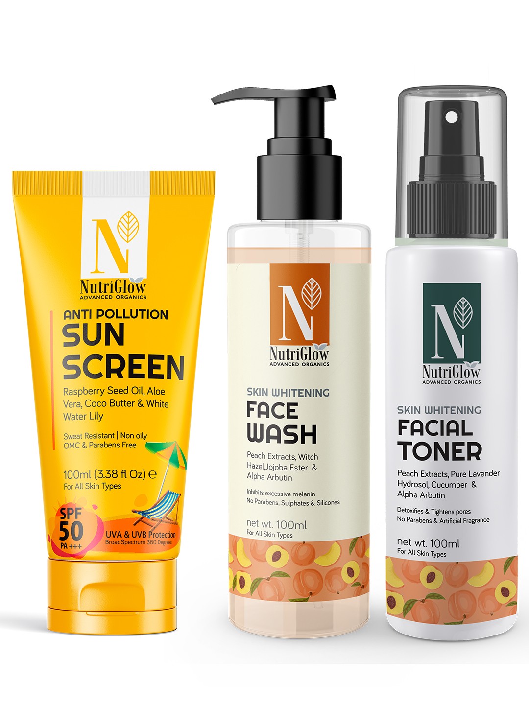 

NutriGlow Advanced Organics Sunscreen, Skin Whitening Face Wash & Toner 100ml Each, Multi