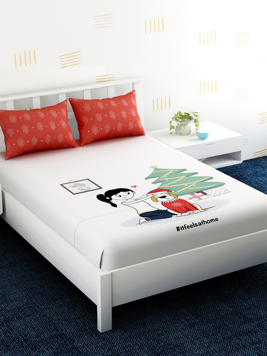 

EverHOME White Graphic 210 TC Cotton 1 King Bedsheet with 2 Pillow Covers