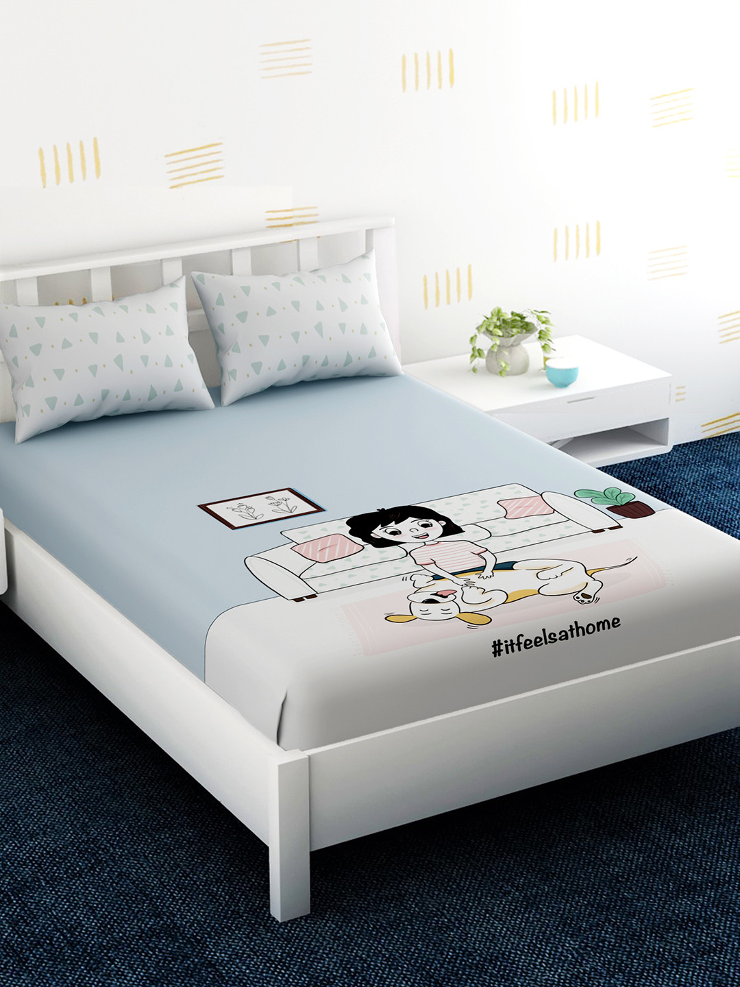 

EverHOME Blue & White Graphic 210 TC Cotton 1 King Bedsheet with 2 Pillow Covers