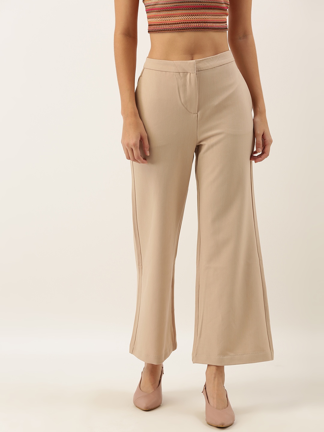 

AND Women Beige Flared Fit Solid Cropped Parallel Trousers