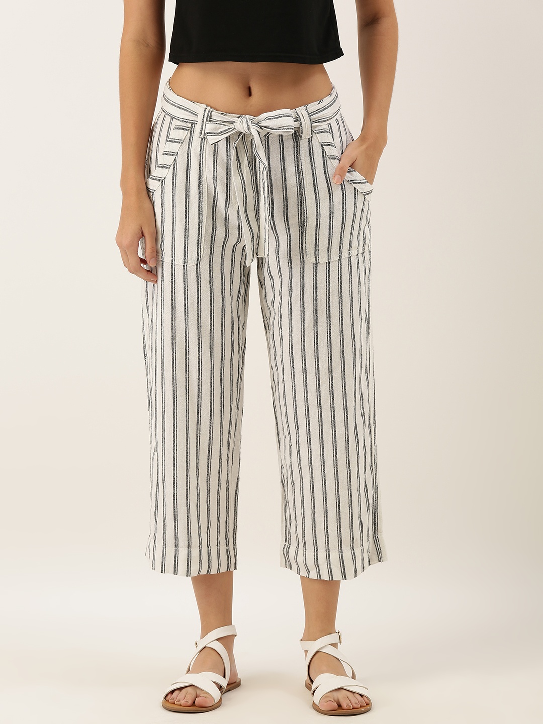 

AND Women White & Grey Straight Fit Striped Crop Culottes