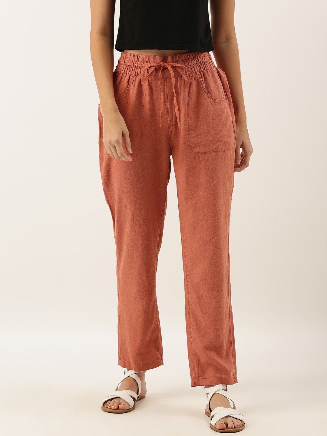 

AND Women Rust Orange Straight Fit Solid Regular Trousers