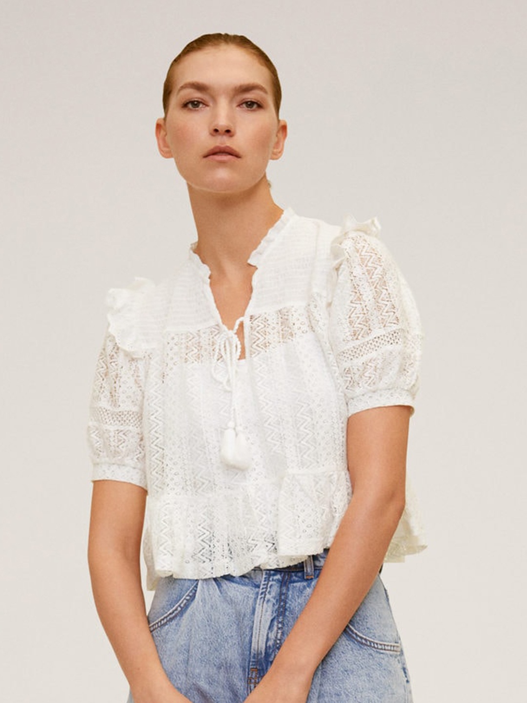 

MANGO Women White Self Design Top with Tie-up Closure
