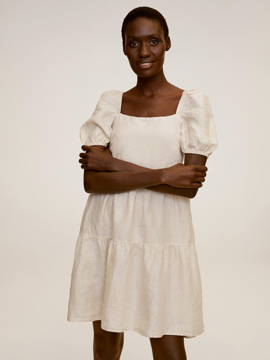 

MANGO Women Off-White Self Design Empire Tiered Linen Dress