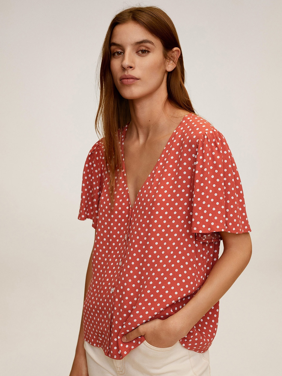 

MANGO Women Red & White Polka Dots Printed Shirt Style Top