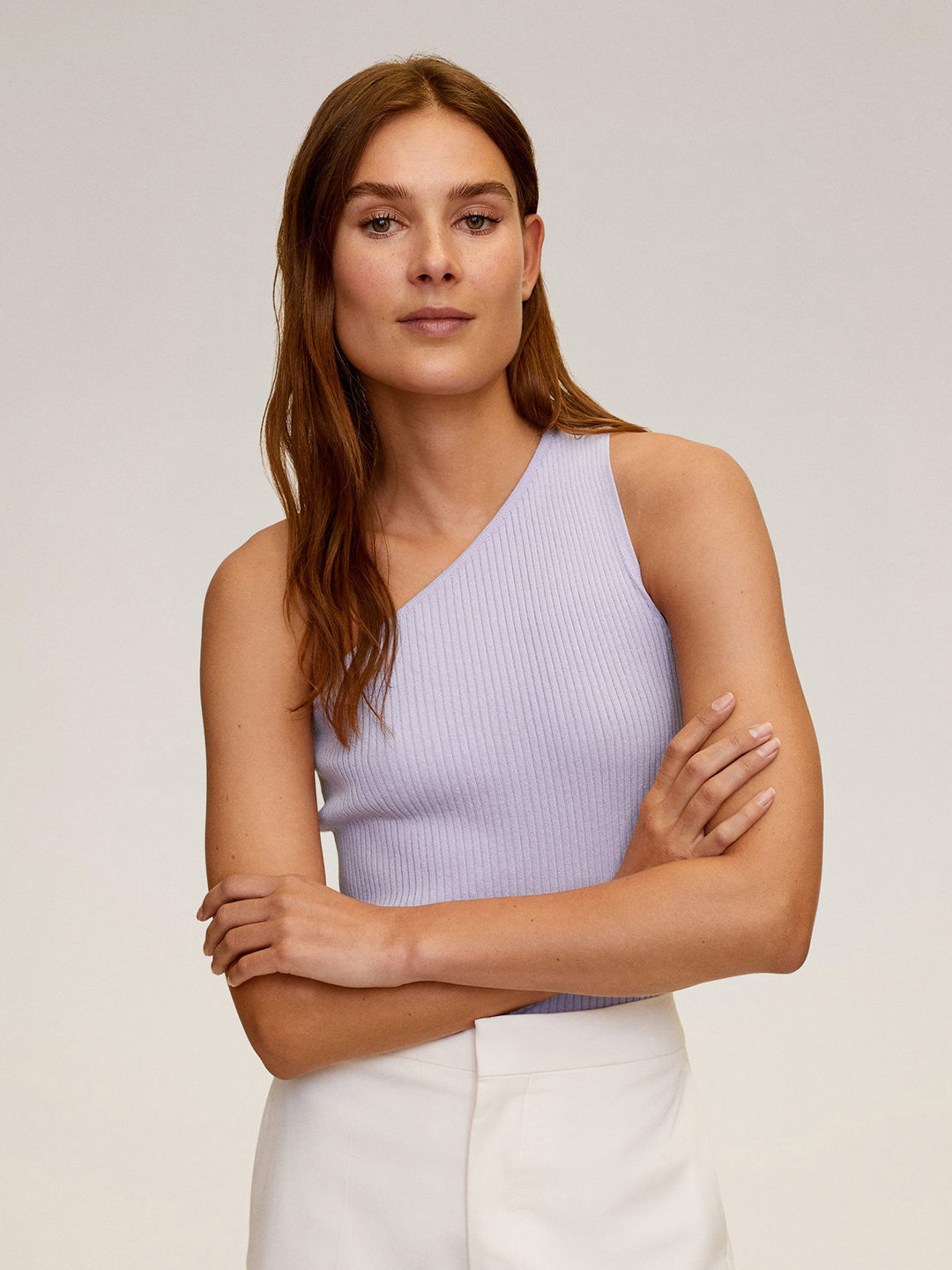 

MANGO Women Lavender Solid Ribbed One-Shoulder Top
