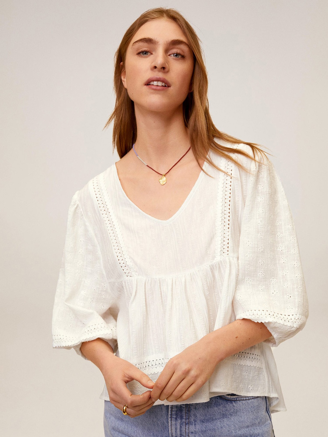 

MANGO Women White Self Design Schiffli Pleated A-Line Top