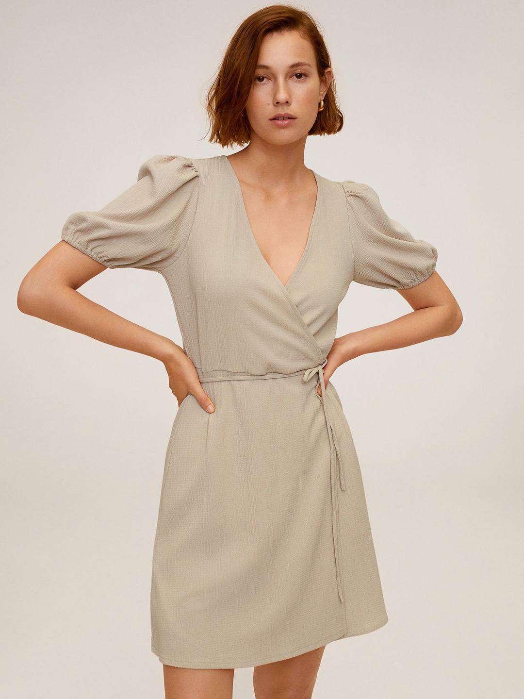 

MANGO Women Beige Solid Puff Sleeved Wrap Dress With Waist Tie-Ups