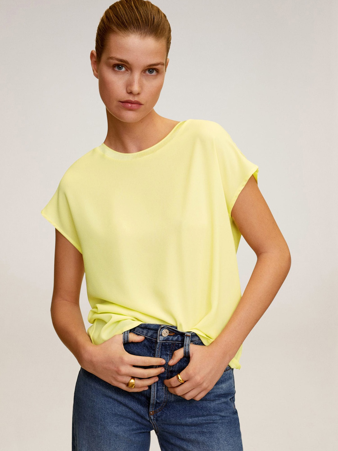 

MANGO Women Yellow Solid Round Neck T-shirt