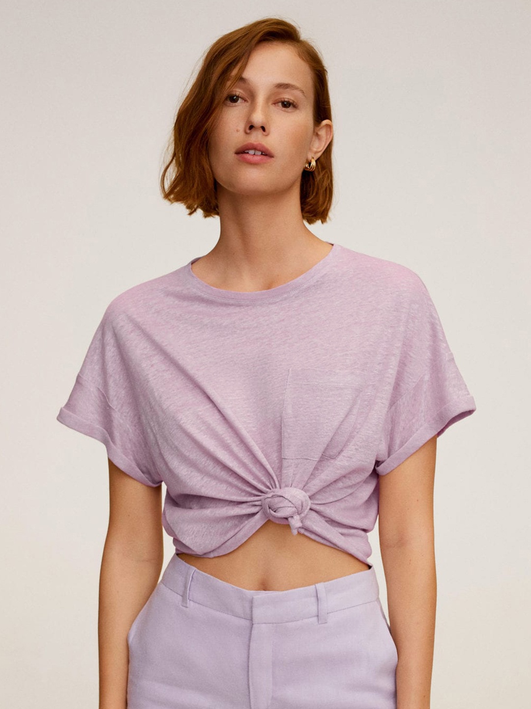 

MANGO Women Lavender Melange Solid Round Neck Linen T-shirt With Chest Pocket