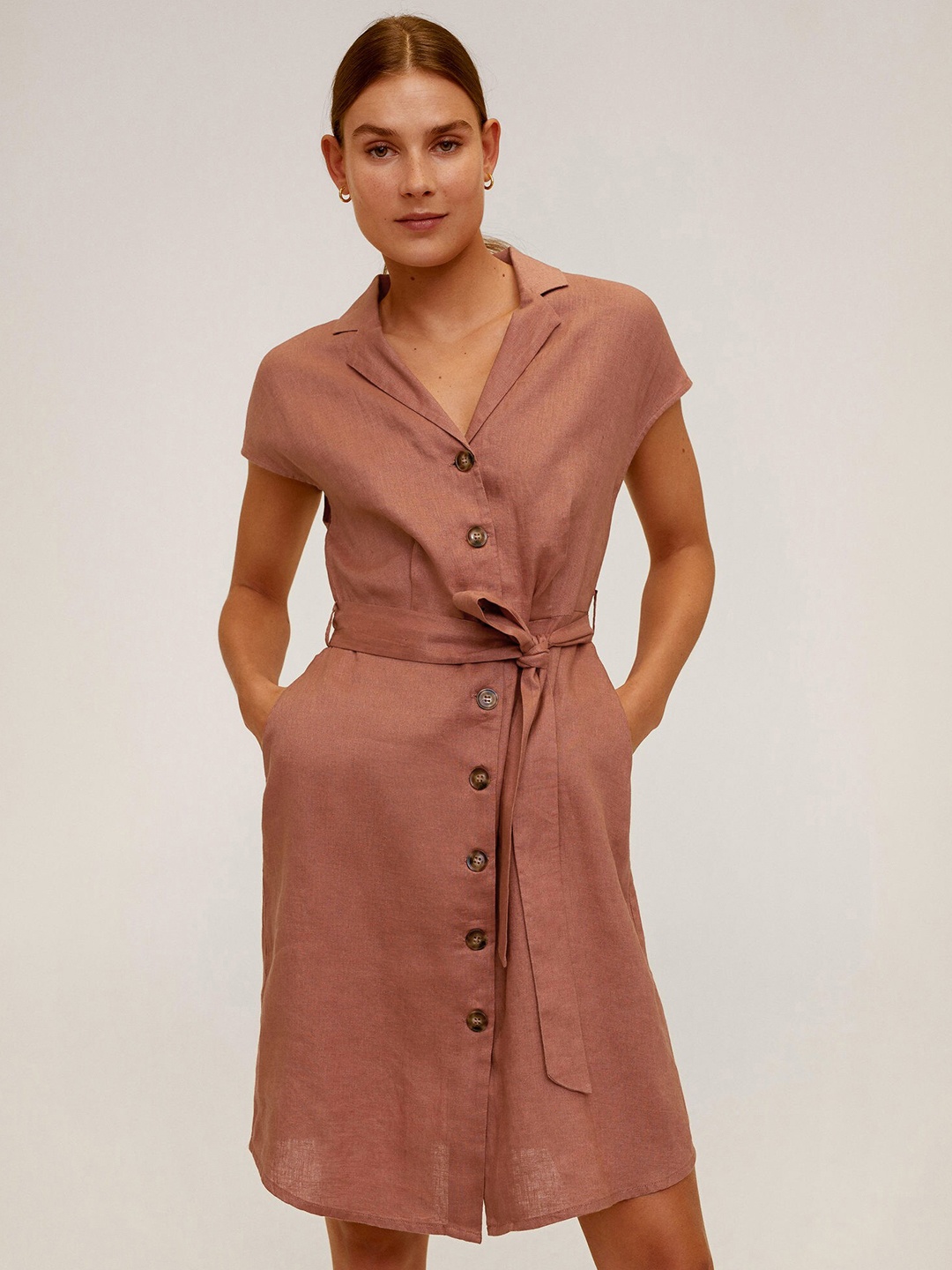

MANGO Women Mauve Solid Shirt Style Linen Dress
