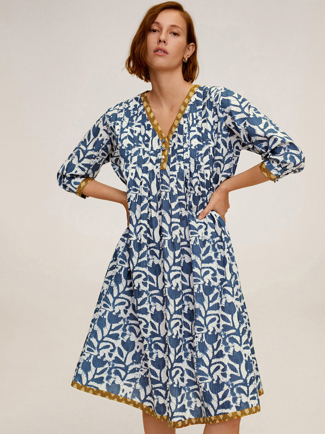 

MANGO Women Navy Blue & White Printed A-Line Dress