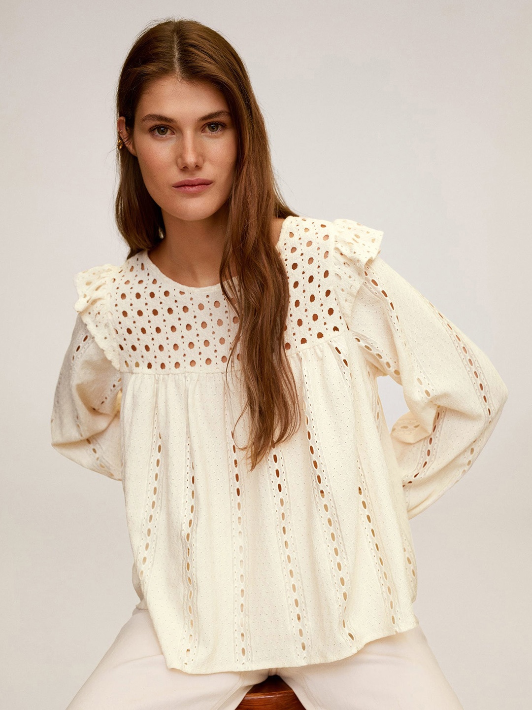 

MANGO Women Off-White Embroidered Ruffled Schiffli Top