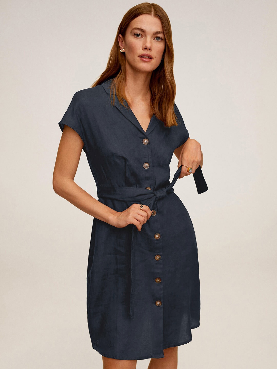 

MANGO Women Navy Blue Solid Shirt Style Linen Dress