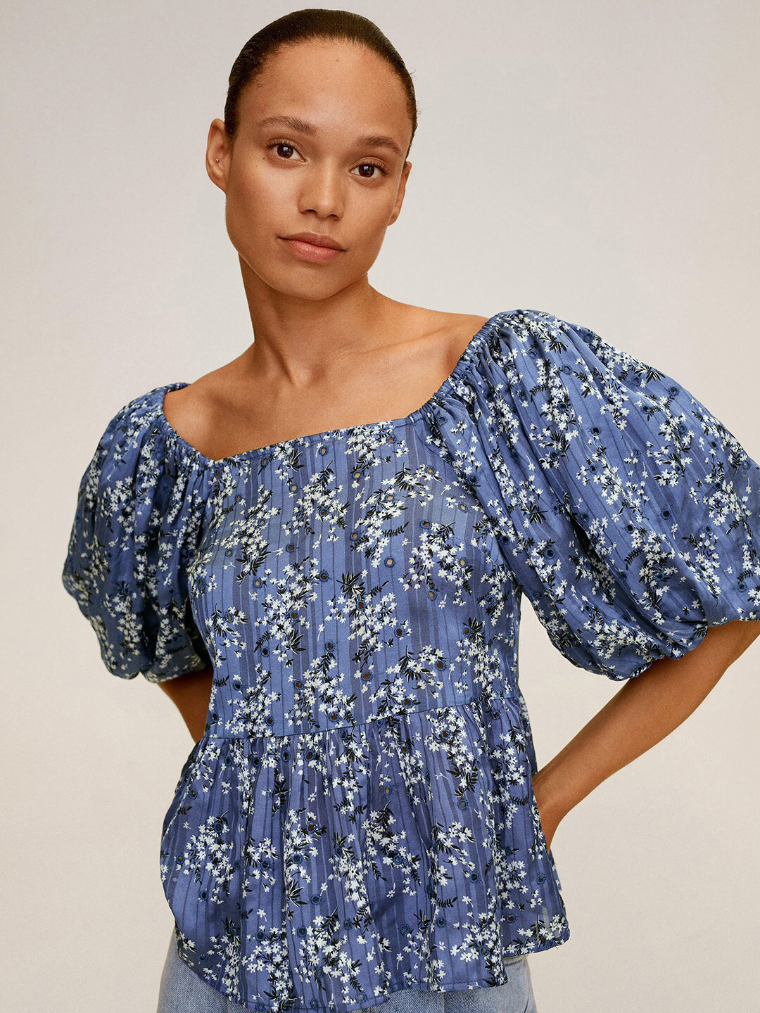 

MANGO Women Blue & White Printed Peplum Top