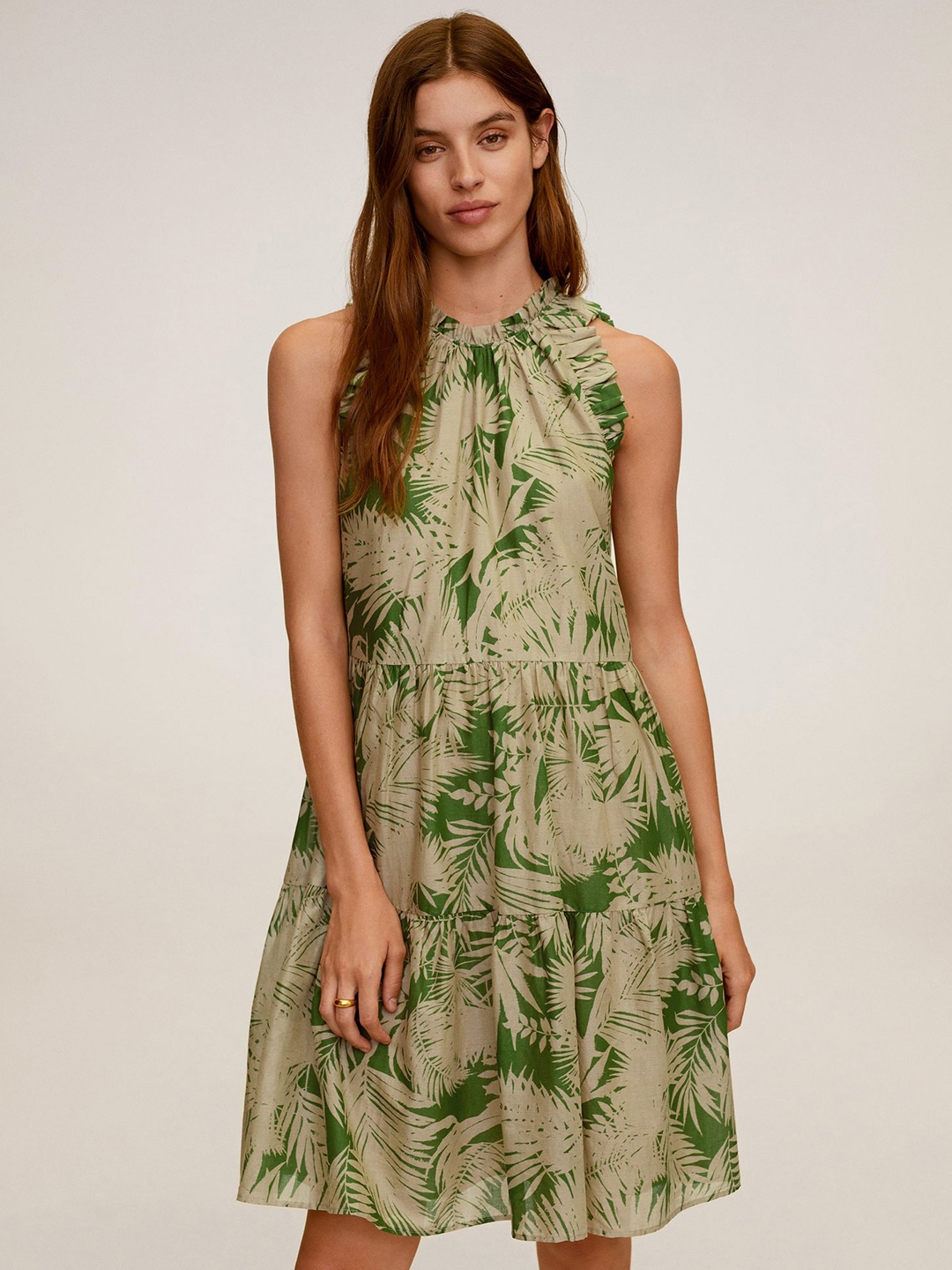 

MANGO Women Beige & Green Tropical Printed Fit and Flare Dress with Gathers