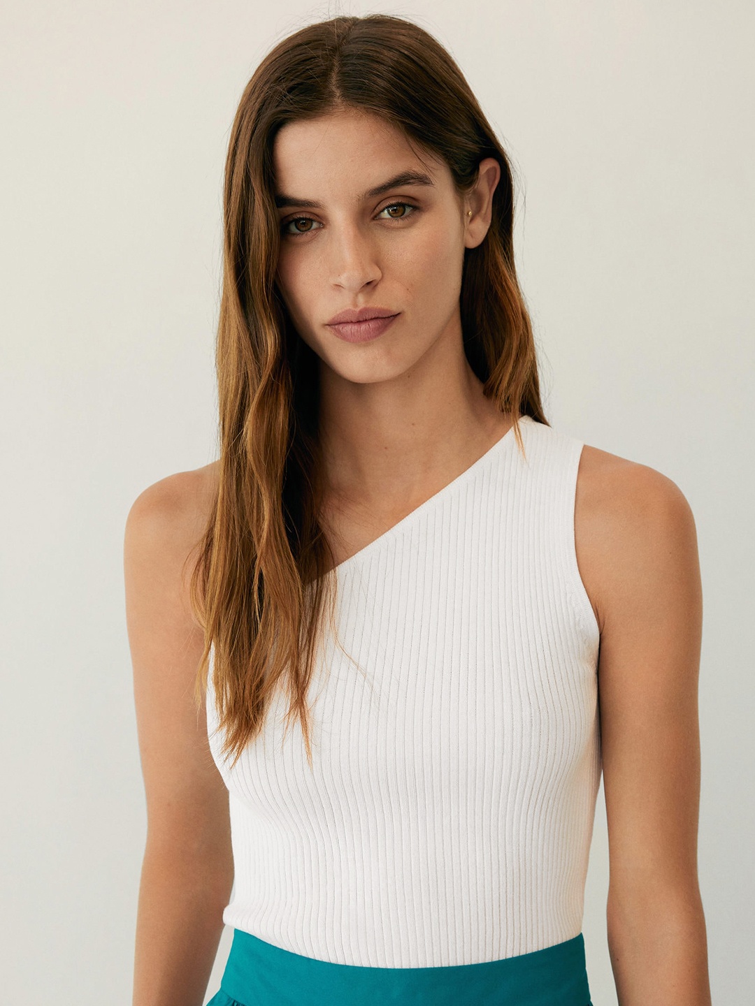

MANGO Women Off-White Solid Ribbed Knitted One Shoulder Top