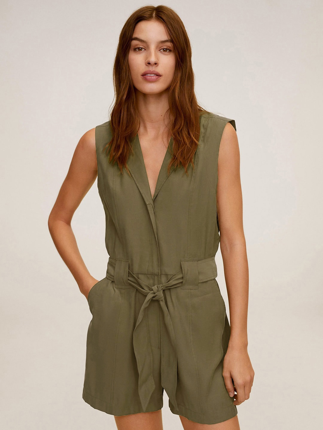 

MANGO Women Olive Green Solid Playsuit with Waist Tie-Ups