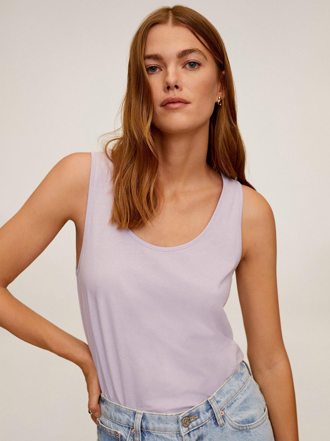 

MANGO Women Lavender Organic Cotton Solid Round Neck Organic Cotton T-shirt