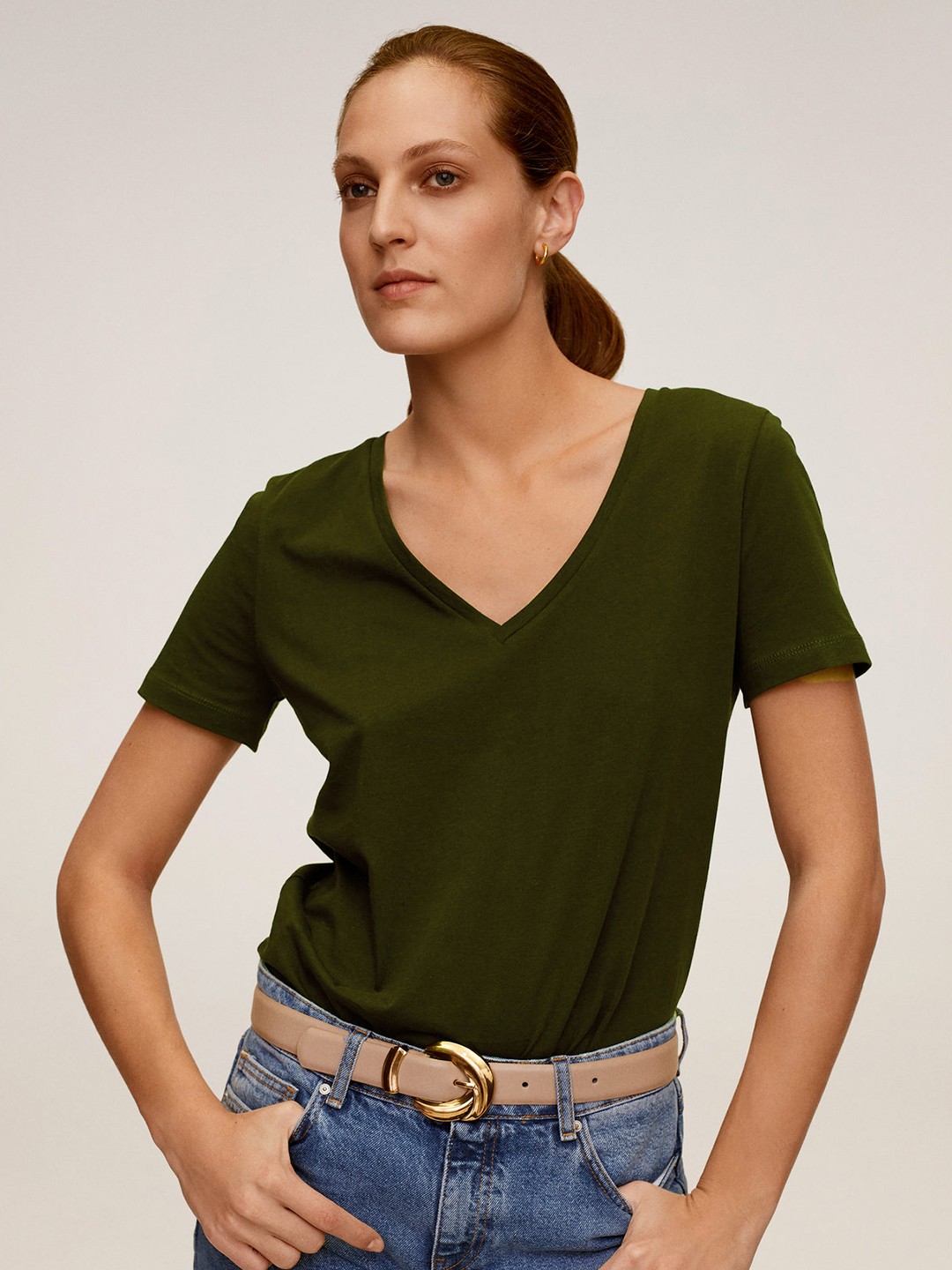 

MANGO Women Olive Green Solid V-Neck Organic Cotton T-shirt