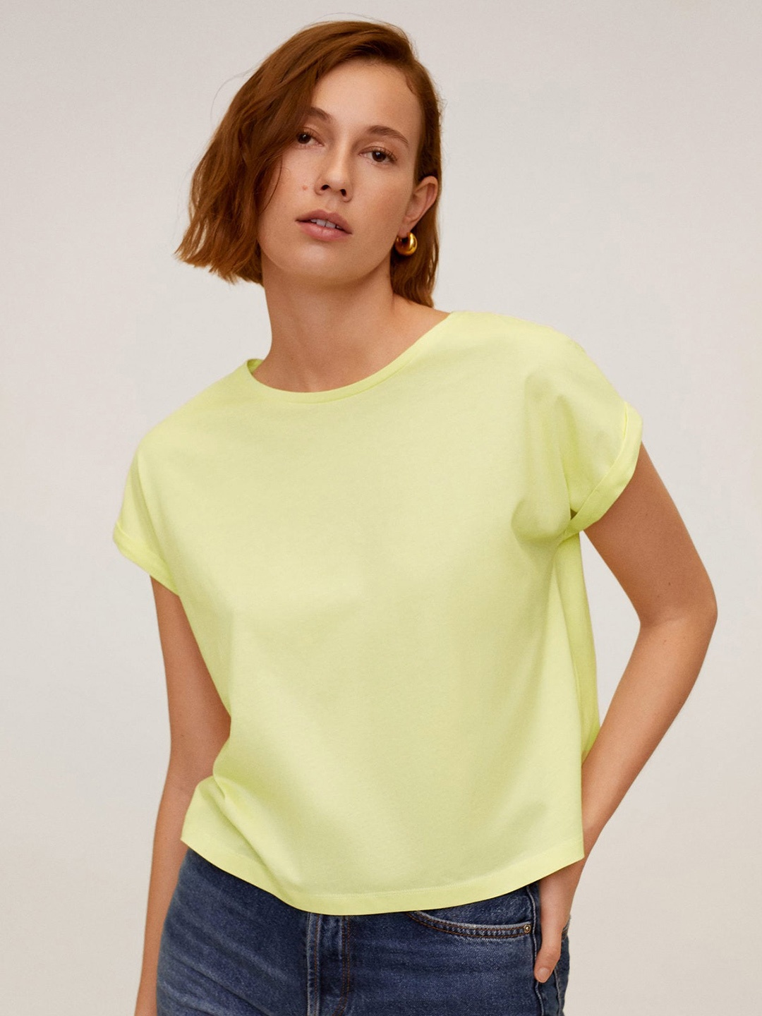 

MANGO Women Yellow Solid Round Neck Organic Cotton T-shirt