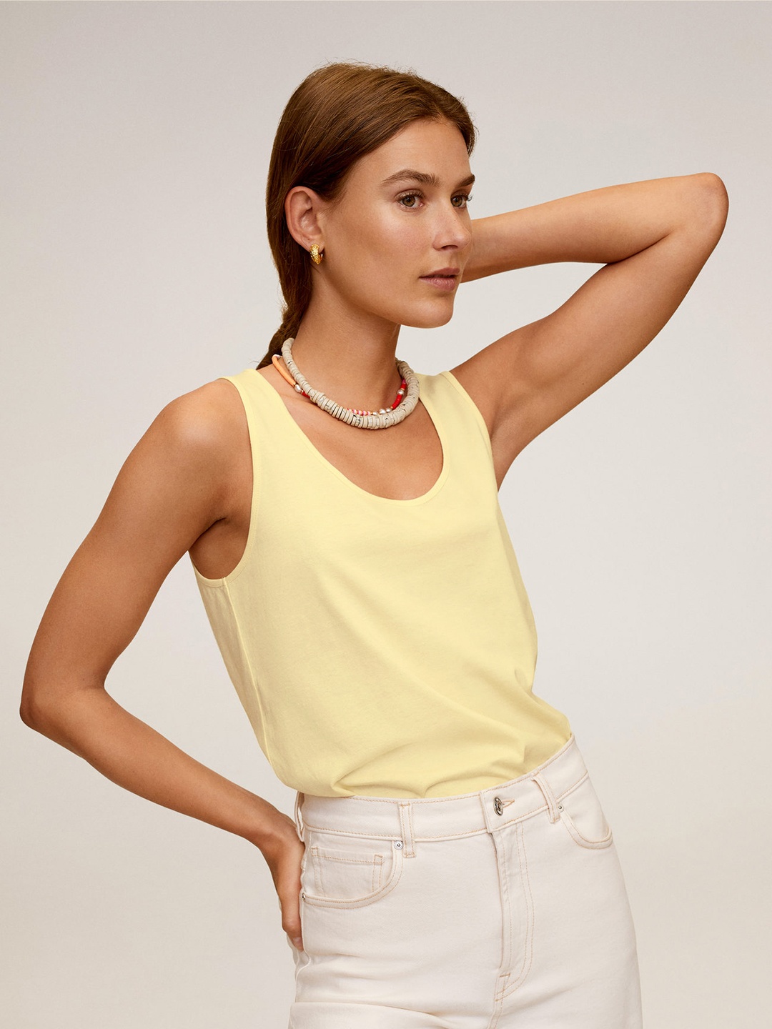 

MANGO Women Cream-Coloured Solid Sleeveless Pure Cotton Top