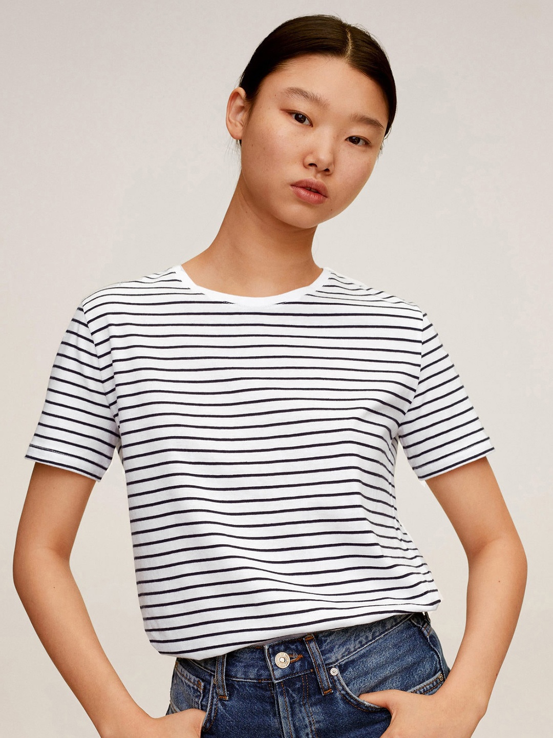 

MANGO Women White Black Striped Round Neck Organic Cotton T-shirt