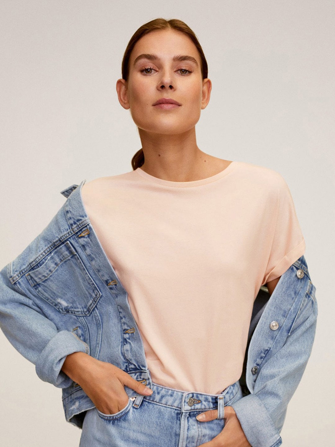 

MANGO Women Nude Pink Solid Round Neck Organic Cotton T-shirt