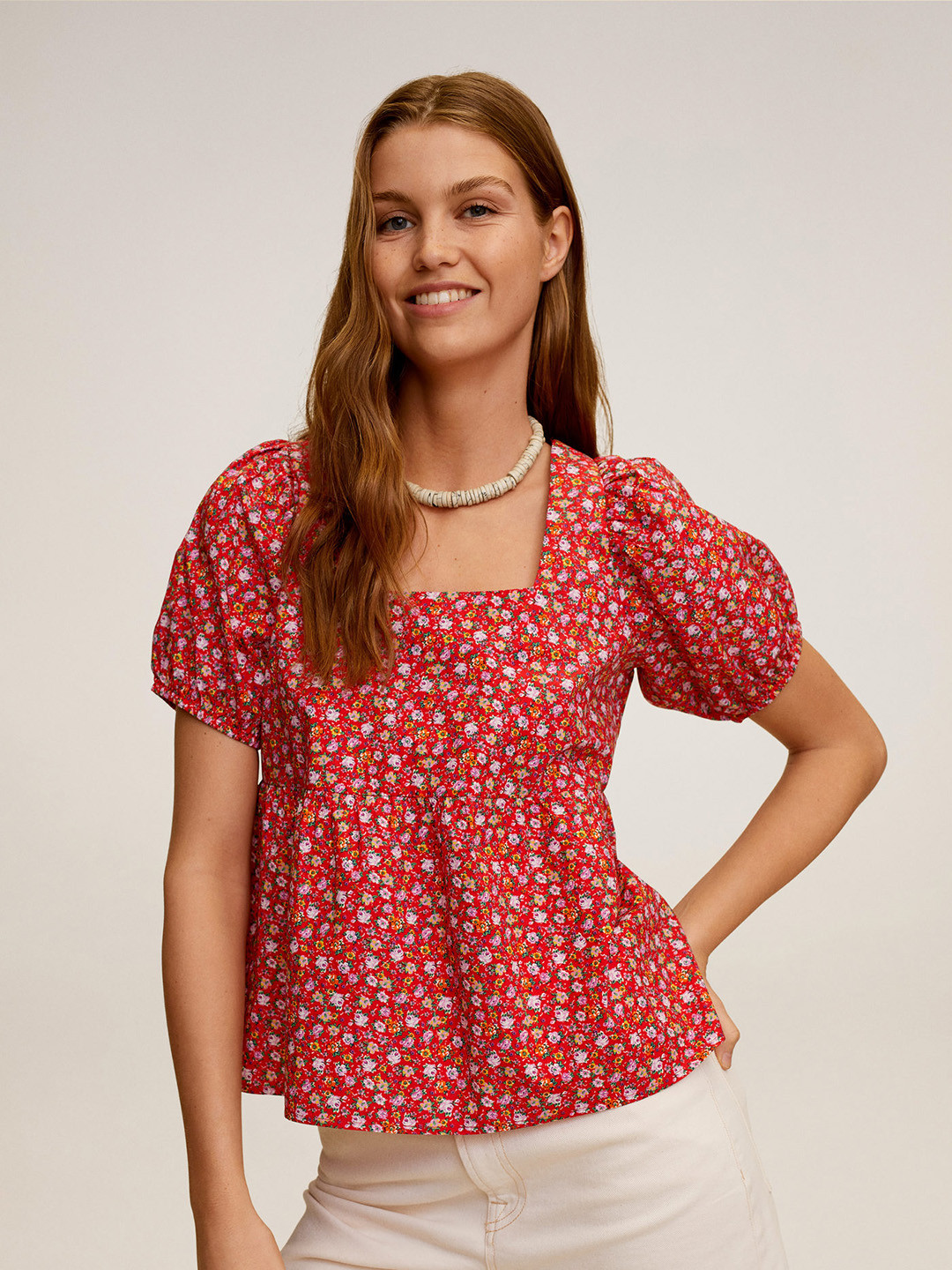 

MANGO Women Red & Pink Floral Printed Regular Pure Cotton Top with Gathered Detail