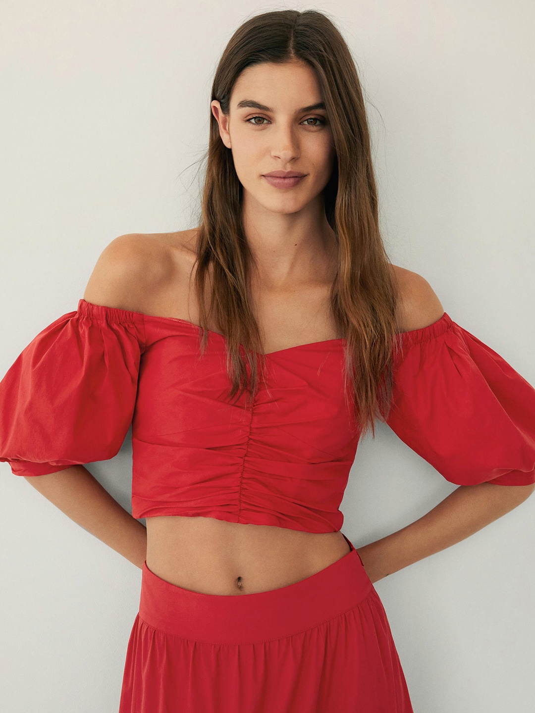 

MANGO Women Red Solid Gathered Cropped Bardot Top