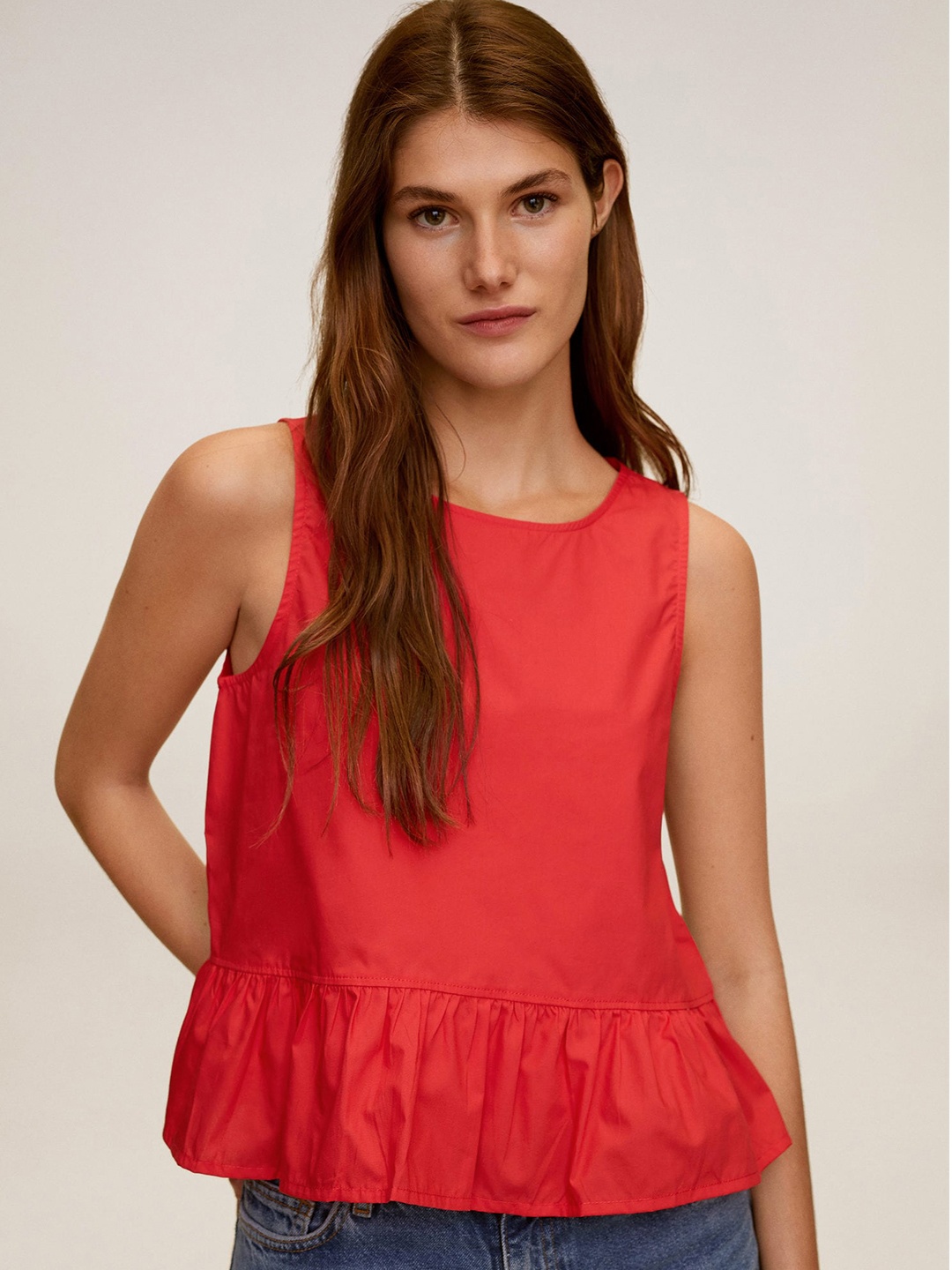 

MANGO Women Red Solid A-Line Pure Cotton Top