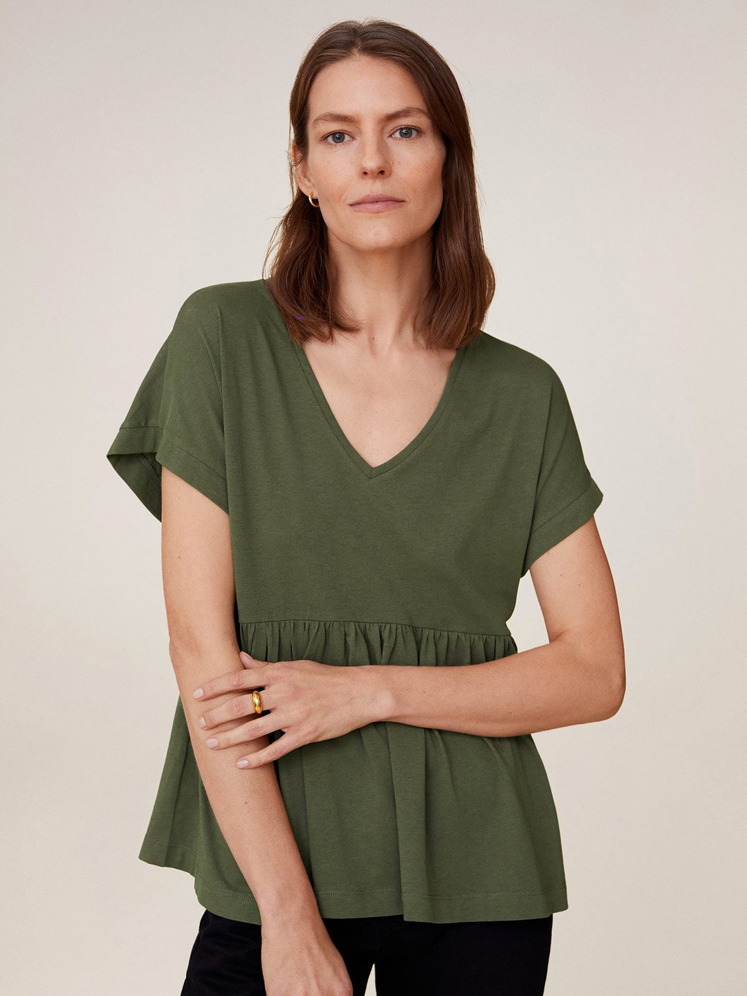 

MANGO Women Olive Green Solid Cinched Waist Pure Cotton Top
