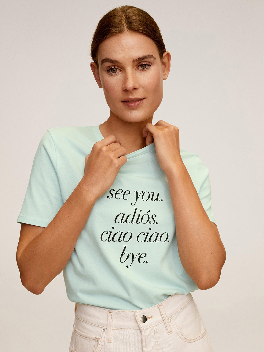 

MANGO Women Blue Black Organic Cotton Printed Round Neck Organic Cotton T-shirt