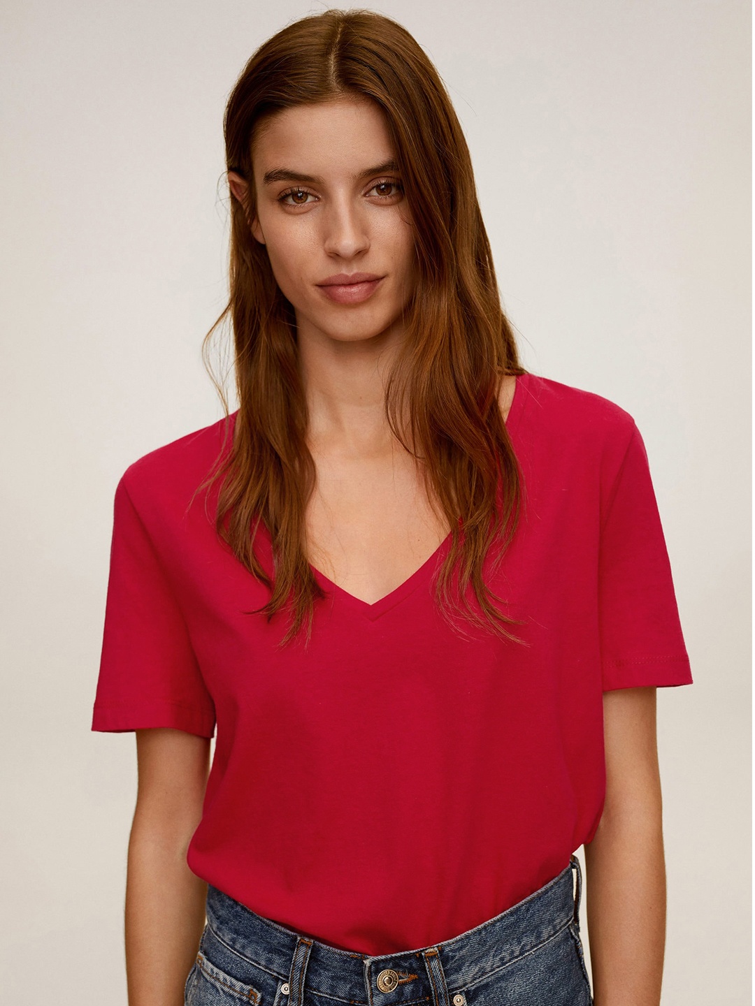 

MANGO Women Red Solid V-Neck Organic Cotton T-shirt