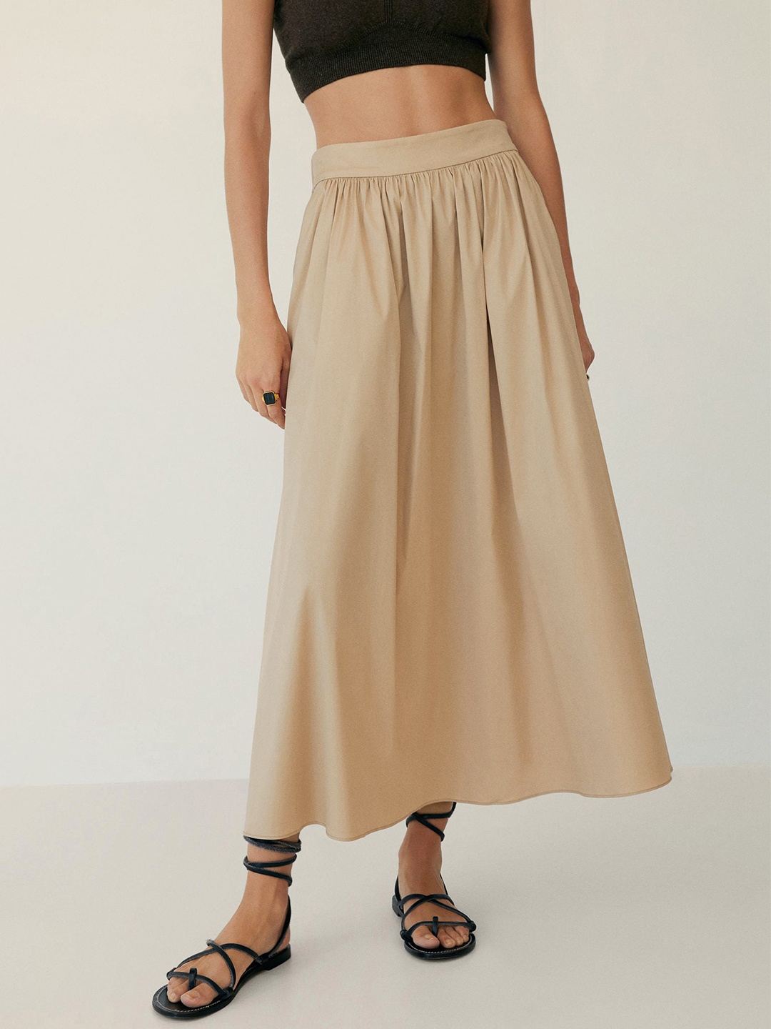 

MANGO Beige Maxi Flared Skirt with Gathered Detail