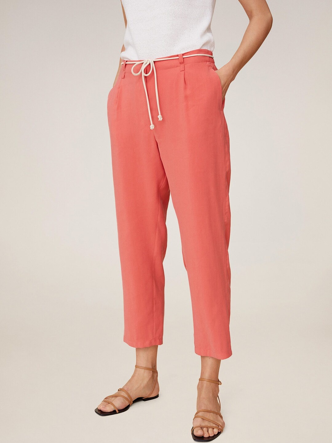 

MANGO Women Coral Orange Regular Fit Solid Cropped Peg Trousers