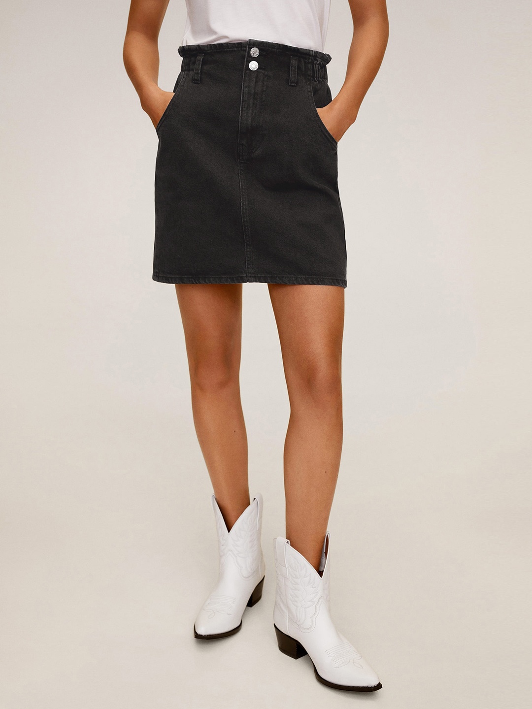 

MANGO Women Black Washed Straight Denim Pure Cotton Skirt