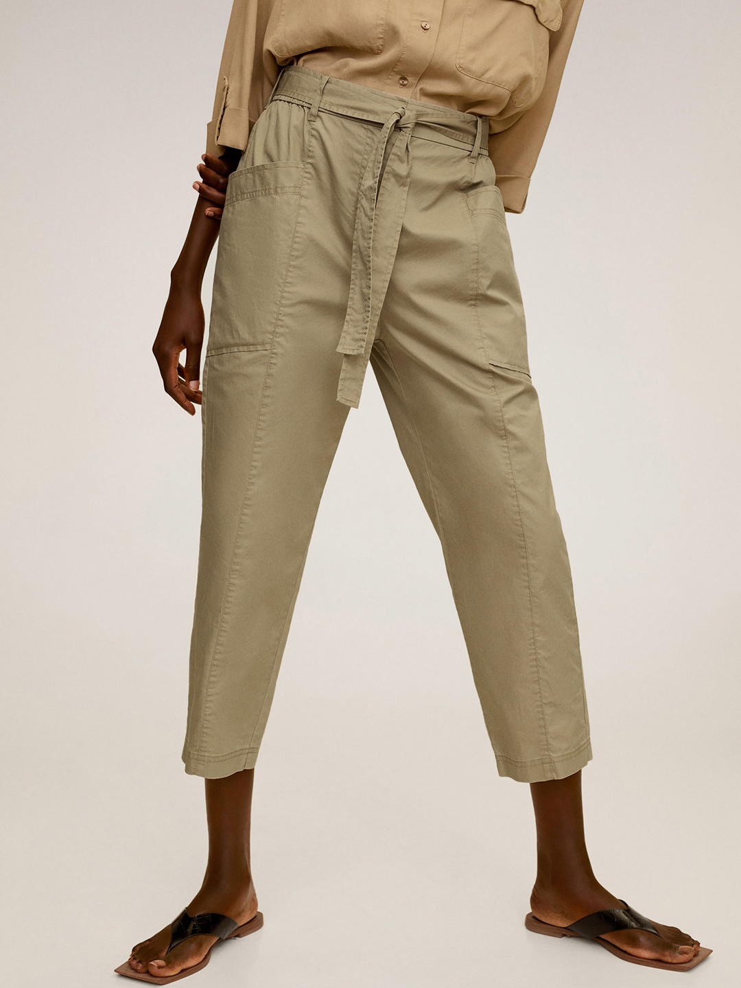 

MANGO Women Khaki Solid Regular Fit Cropped Peg Trousers