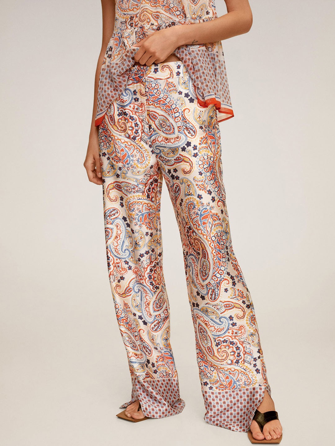 

MANGO Women Beige & Maroon Regular Fit Ethnic Printed Parallel Trousers