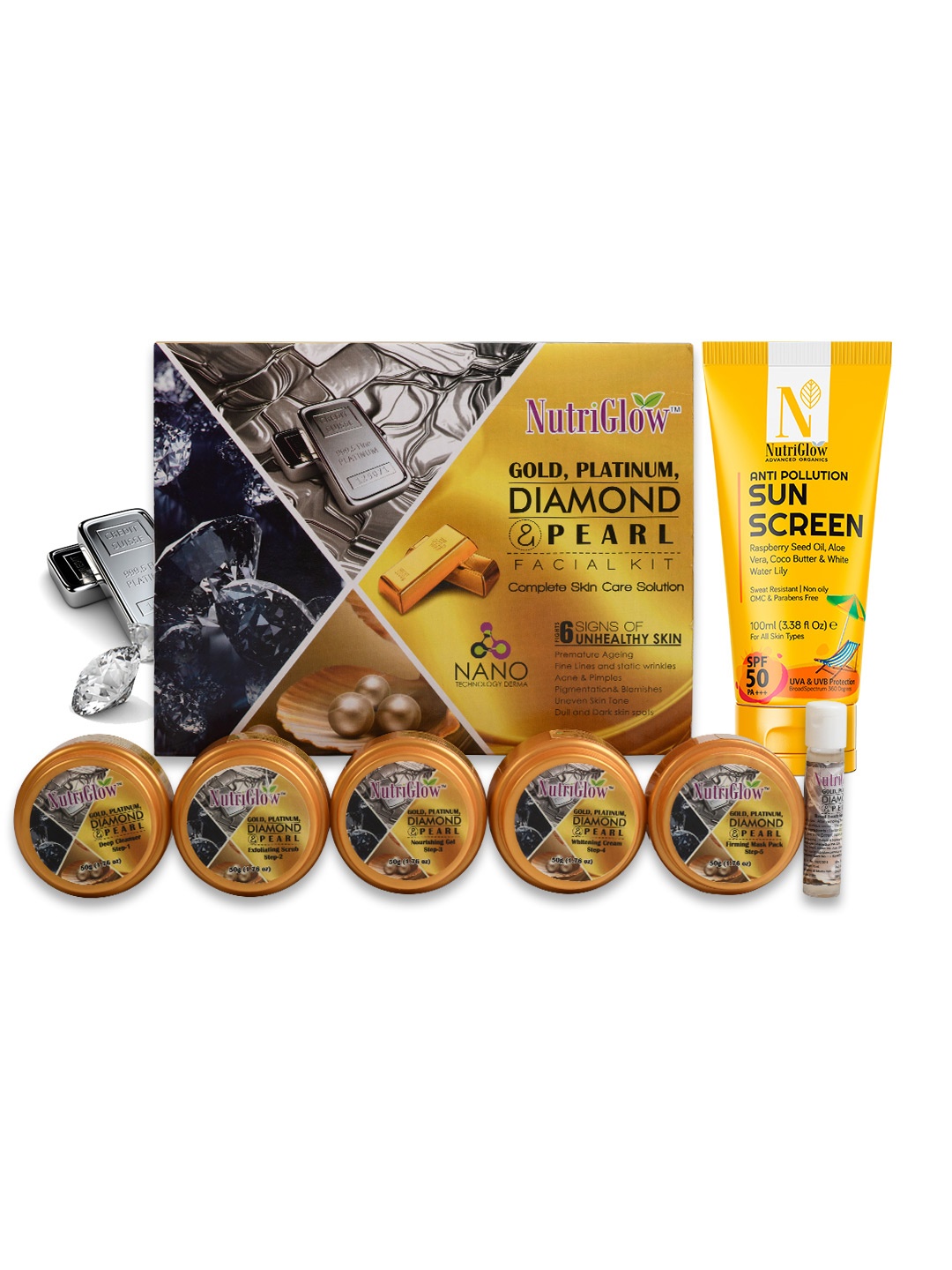 

NutriGlow Platinum Diamond Gold & Pearl Facial Kit 250g+10ml & Sunscreen SPF50 PA+++ 100ml, Multi