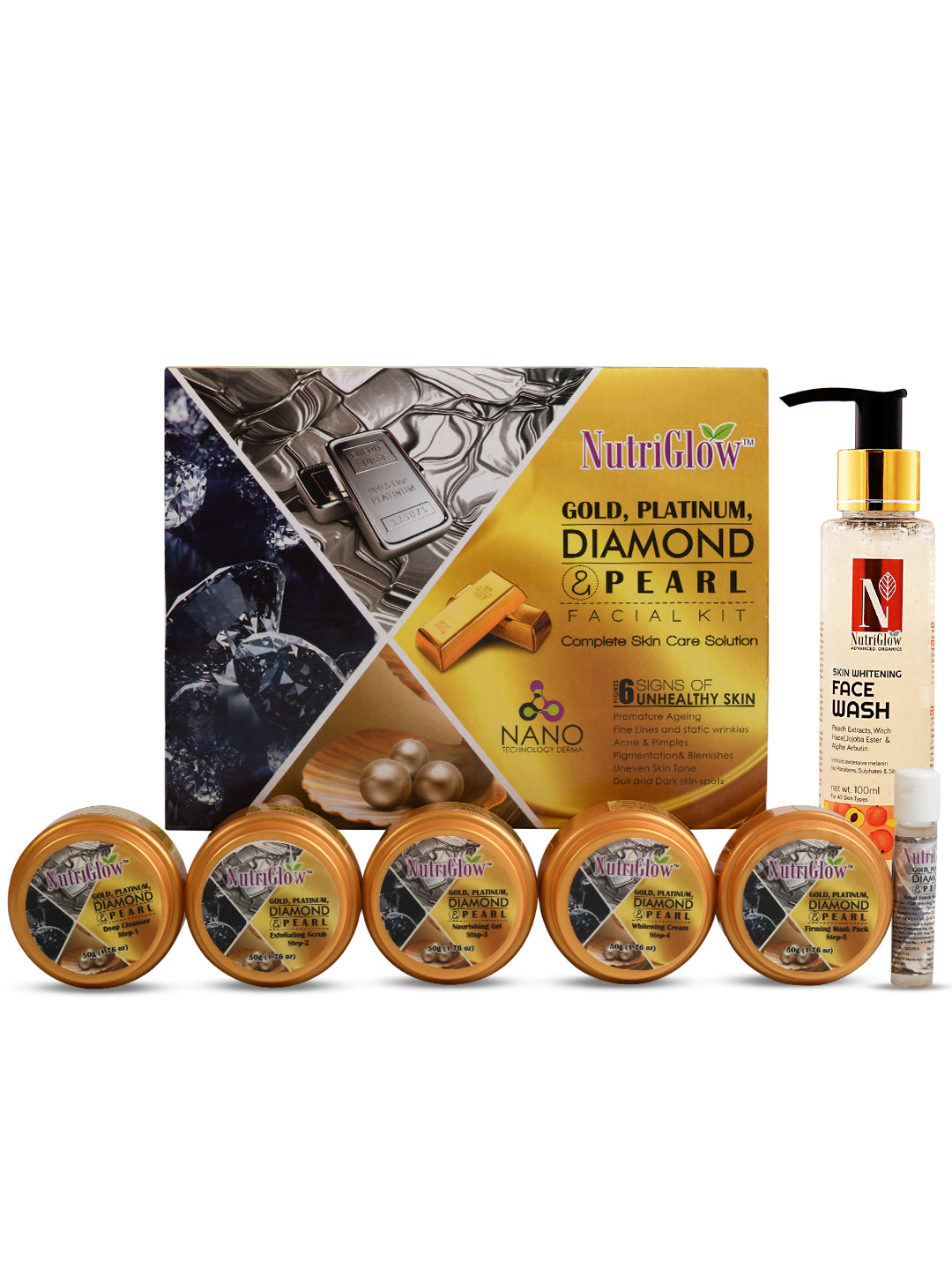 

NutriGlow Gold Platinum Diamond & Pearl Facial Kit 260g & Skin Whitening Face Wash 100ml, Multi