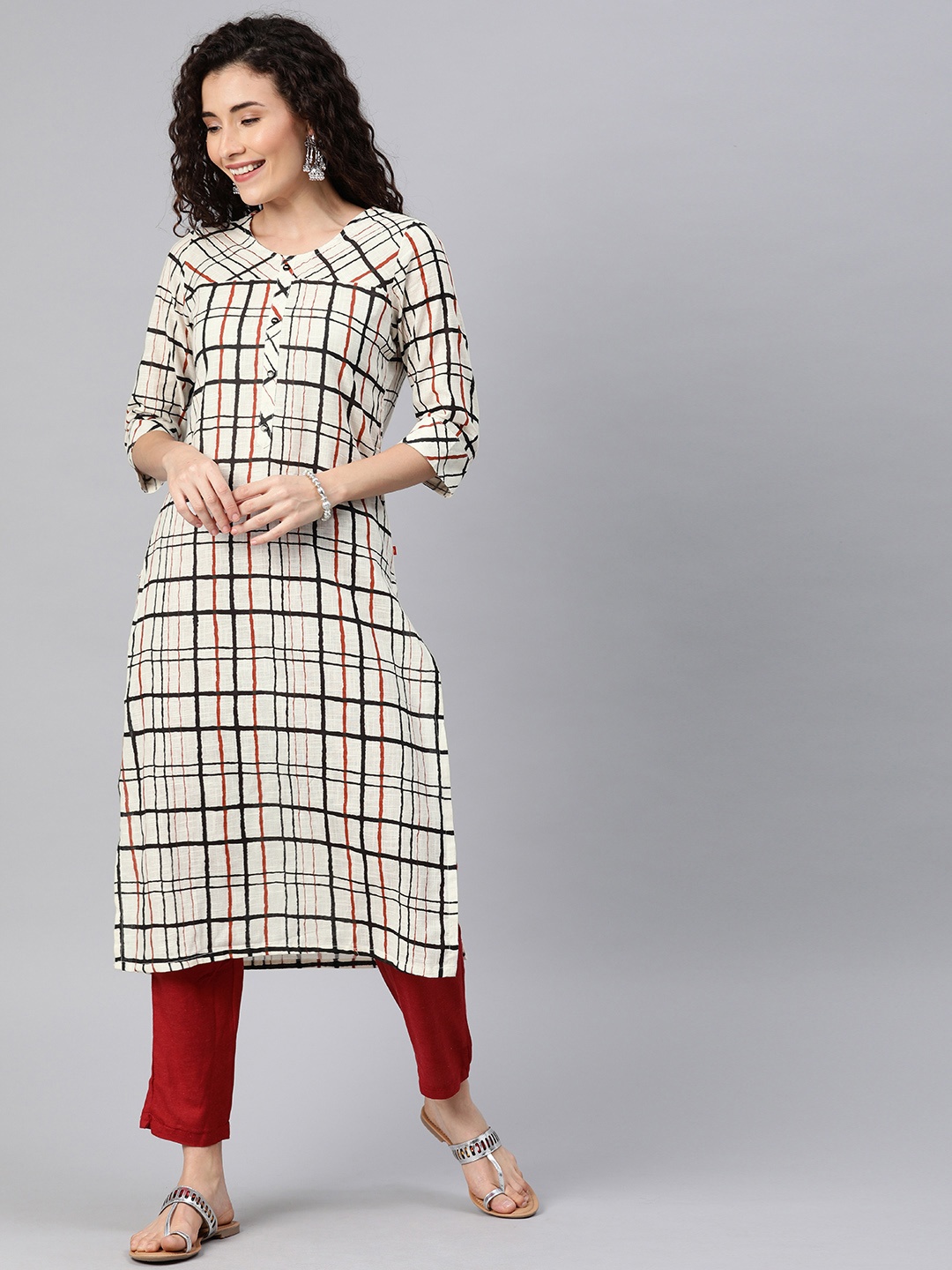 

Alena Women Off-White & Black Checked Straight Kurta