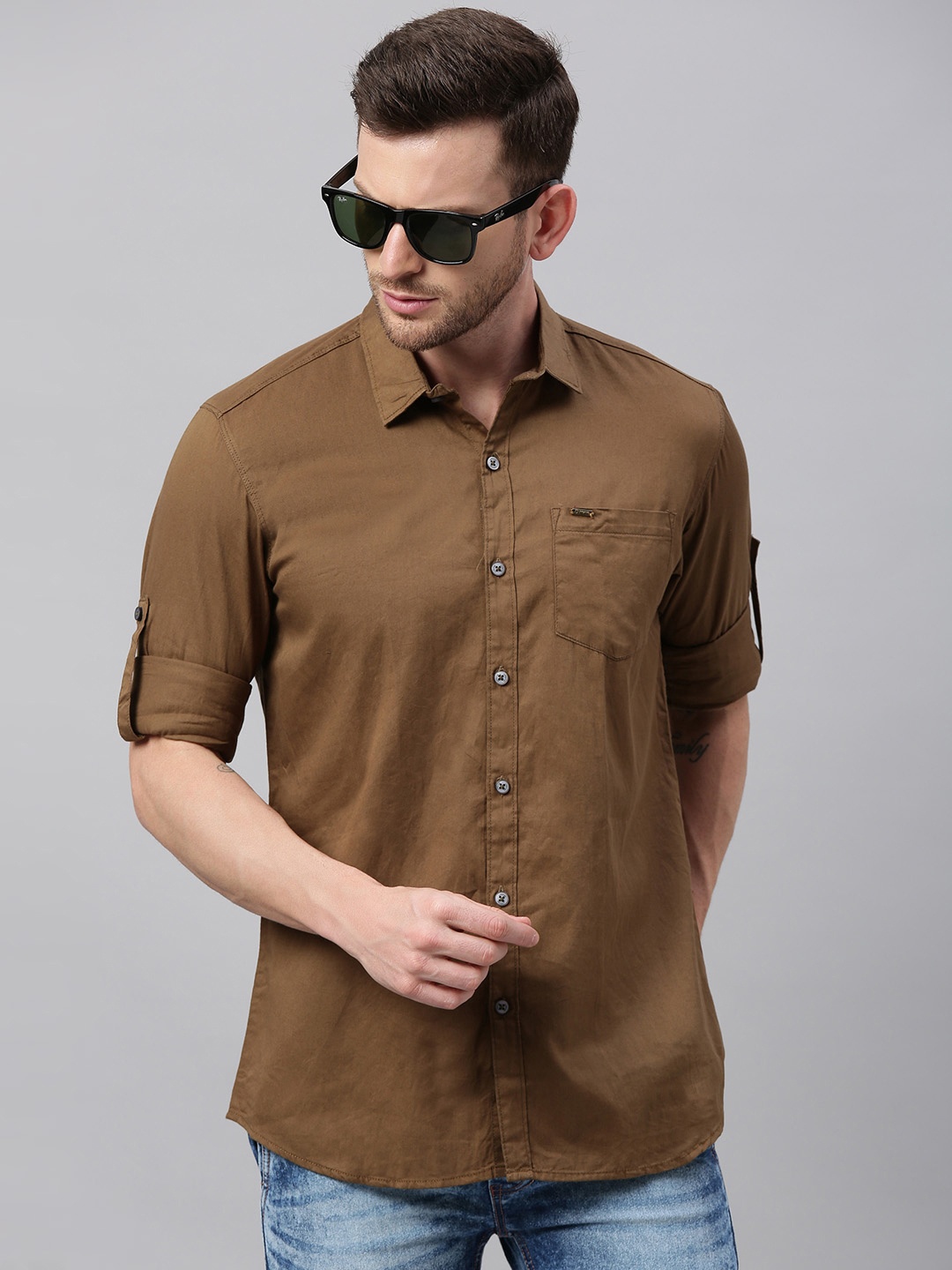 

Urbano Fashion Men Olive Brown Slim Fit Solid Casual Shirt