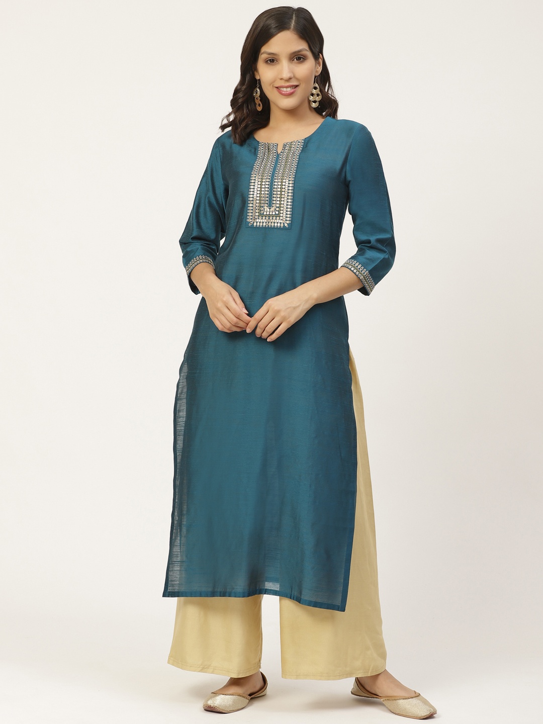 

Varanga Women Teal Blue Yoke Design Straight Kurta